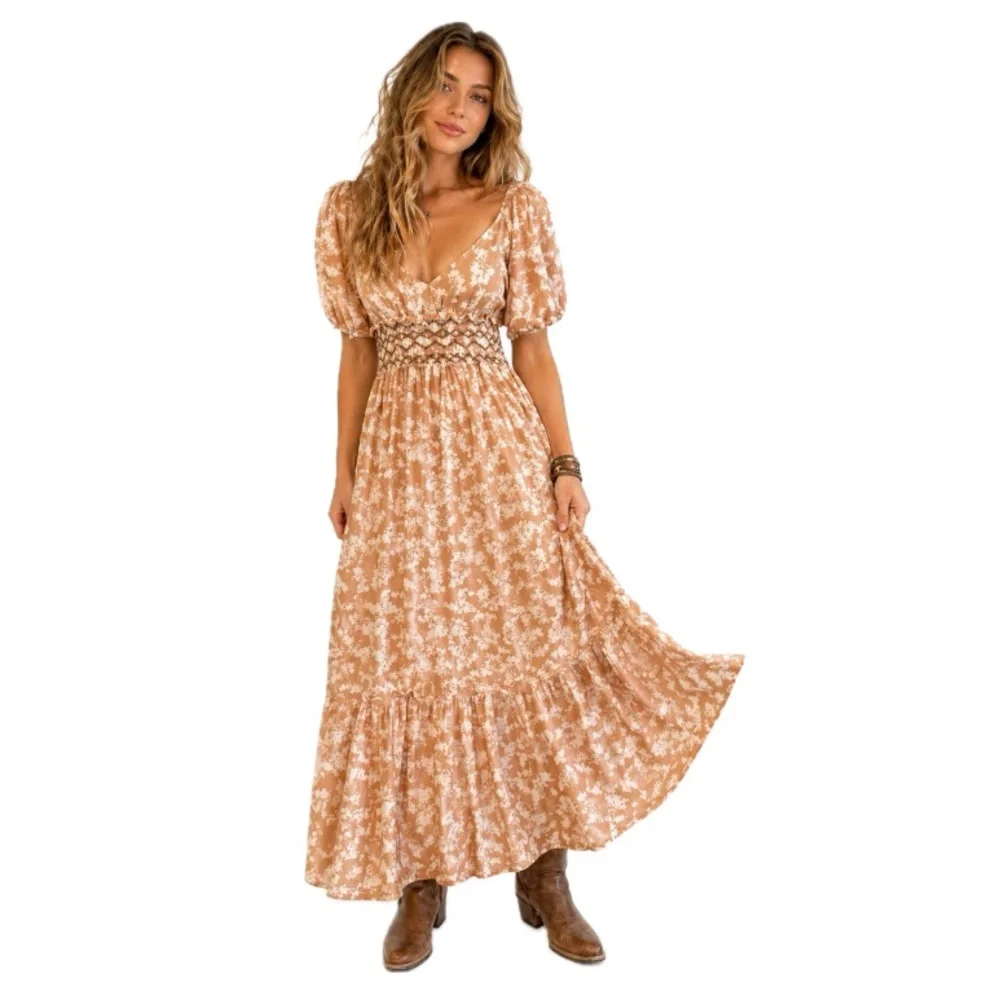 Free People, Boho Floral Maxi Dress Smocked Waist 100% Cotton, Size M EUC